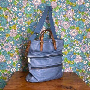 Fossil Explorer Fold Over Blue Pebbled Leather Crossbody Bag